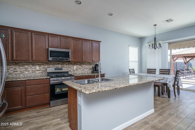 kitchen with visible vents, a sink, backsplash, appliances with stainless steel finishes, and light wood finished floors