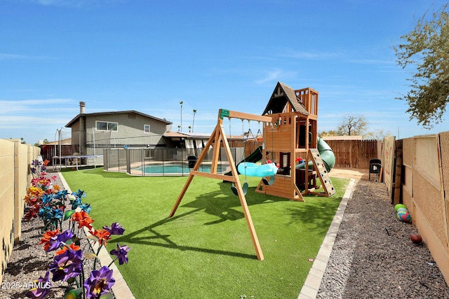 view of playground featuring a trampoline, a fenced in pool, a fenced backyard, and a yard