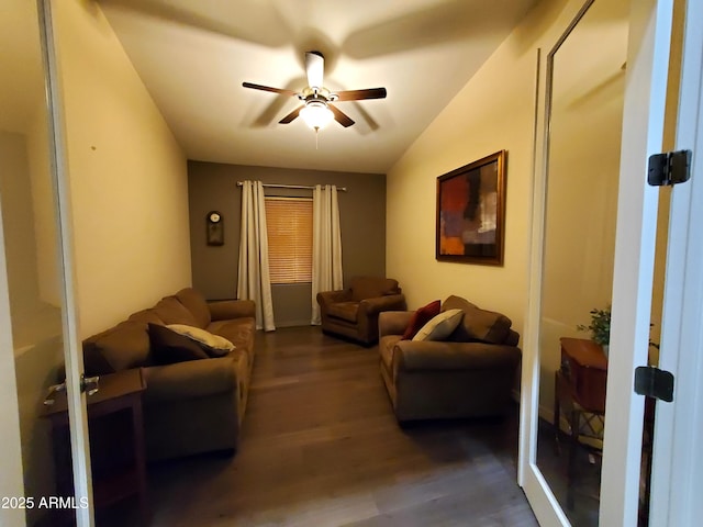 2101 S Meridian Rd Unit 437, Apache Junction, AZ 85120 - living room with a ceiling fan and dark wood-style floors
