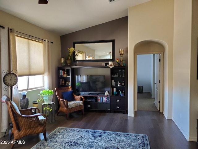 2101 S Meridian Rd Unit 437, Apache Junction, AZ 85120 - living room with wood finished floors, vaulted ceiling, and baseboards