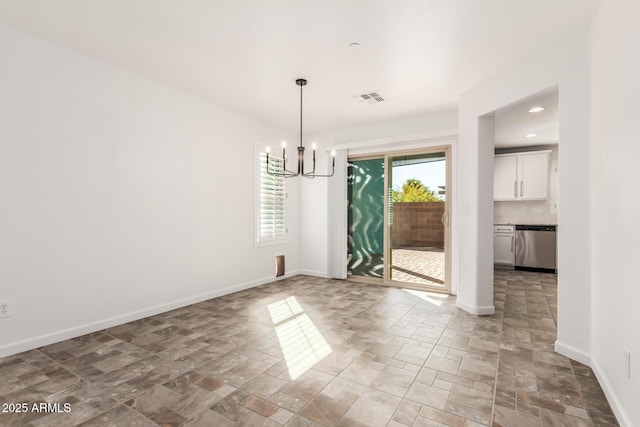 unfurnished dining area with a chandelier, stone finish floor, visible vents, and baseboards