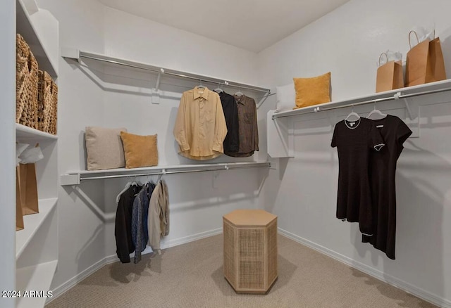 walk in closet with light colored carpet