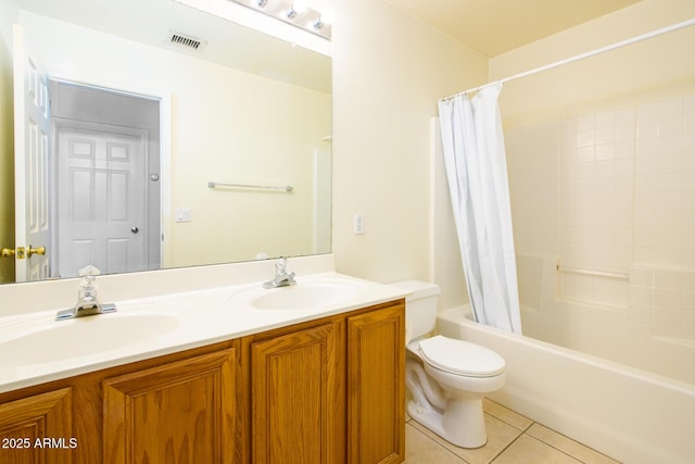 full bathroom with shower / bathtub combination with curtain, tile patterned floors, toilet, and vanity