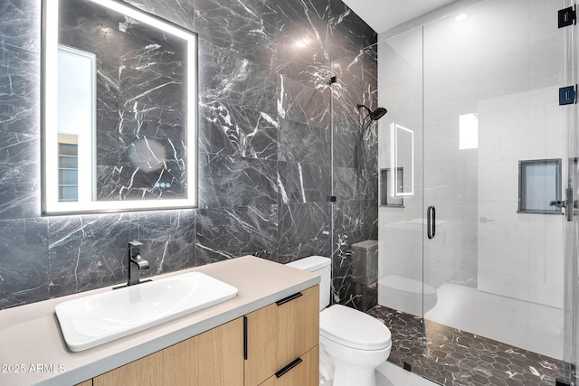 10354 E Celestial Dr, Scottsdale, AZ 85262 - full bath with tile walls, toilet, a shower stall, and vanity