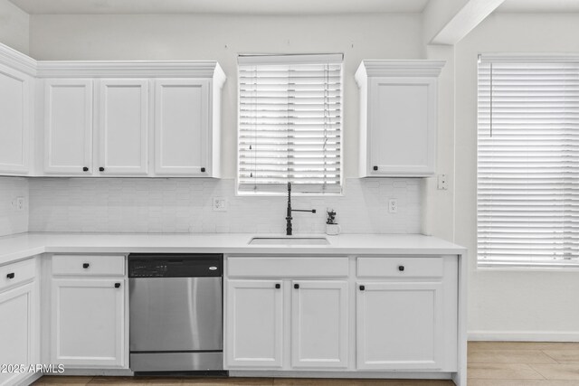 1225 N 36th St Unit 1015, Phoenix, AZ 85008 - kitchen featuring dishwasher, a sink, decorative backsplash, and white cabinets