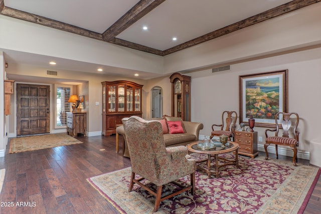 7302 E Rose Ln, Scottsdale, AZ 85250 - living room featuring dark wood finished floors, baseboards, beam ceiling, and recessed lighting