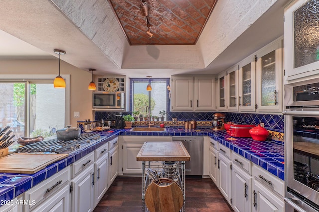 7302 E Rose Ln, Scottsdale, AZ 85250 - kitchen featuring a sink, appliances with stainless steel finishes, a tray ceiling, and white cabinets