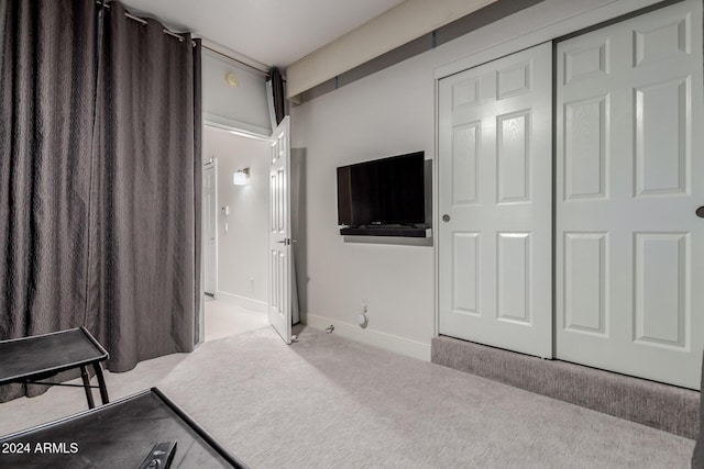 bedroom with a closet and light colored carpet