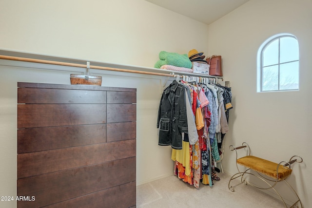 walk in closet featuring light carpet