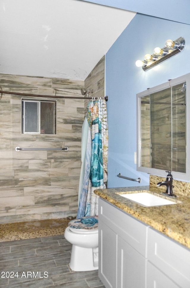 655 W Caroline St, Coolidge, AZ 85128 - bathroom featuring a shower with curtain, vanity, lofted ceiling, and toilet