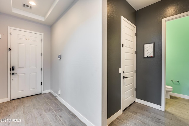 entryway with a raised ceiling and light hardwood / wood-style flooring