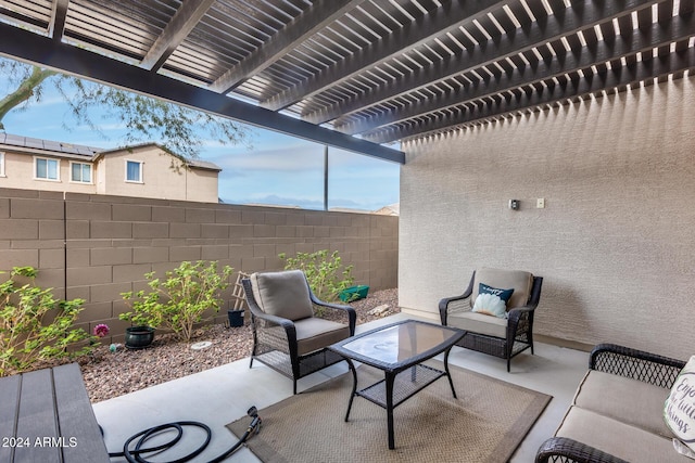 view of patio / terrace with outdoor lounge area and a pergola