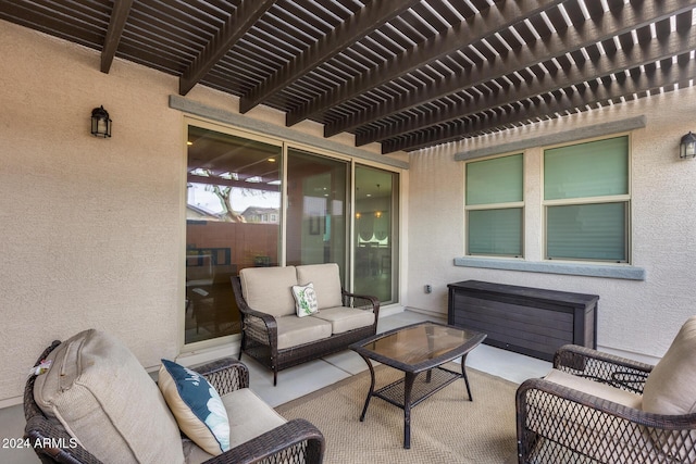 view of patio / terrace featuring an outdoor hangout area and a pergola