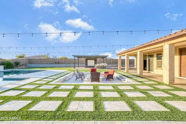 view of yard featuring a patio, a fenced backyard, a fenced in pool, and a pergola