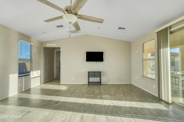 unfurnished living room with visible vents, ceiling fan, and lofted ceiling