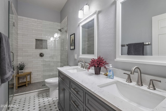 bathroom with an enclosed shower, vanity, and toilet
