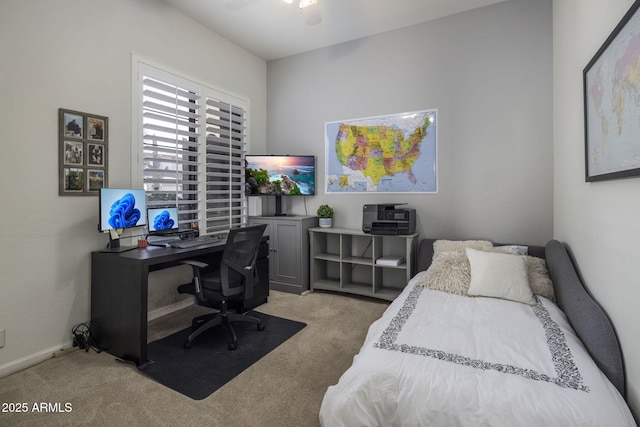 bedroom with light colored carpet and ceiling fan