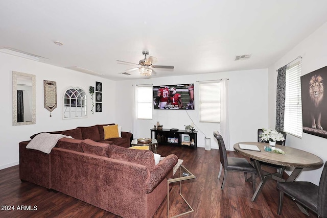 living room featuring a wealth of natural light, ceiling fan, and dark hardwood / wood-style floors