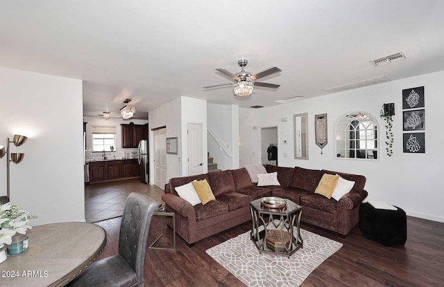 4306 E Tyson St, Gilbert, AZ 85295 - living room with a ceiling fan, wood finished floors, stairs, and visible vents