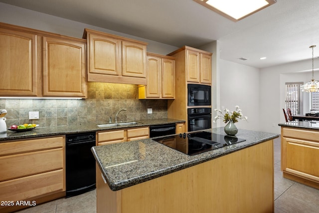 kitchen featuring light tile patterned floors, backsplash, black appliances, and a sink