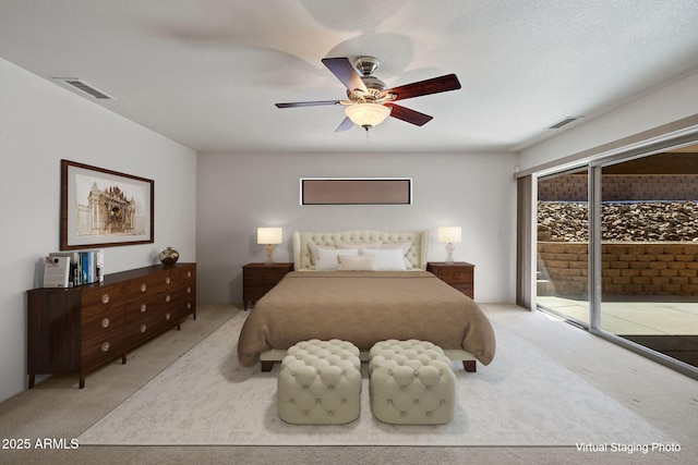 bedroom featuring visible vents, light carpet, ceiling fan, and access to outside