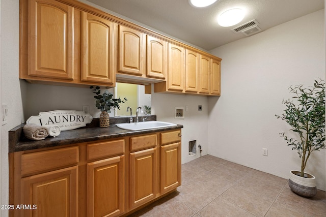 laundry room with visible vents, washer hookup, cabinet space, hookup for an electric dryer, and a sink