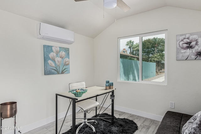 office space featuring a healthy amount of sunlight, hardwood / wood-style floors, ceiling fan, and an AC wall unit