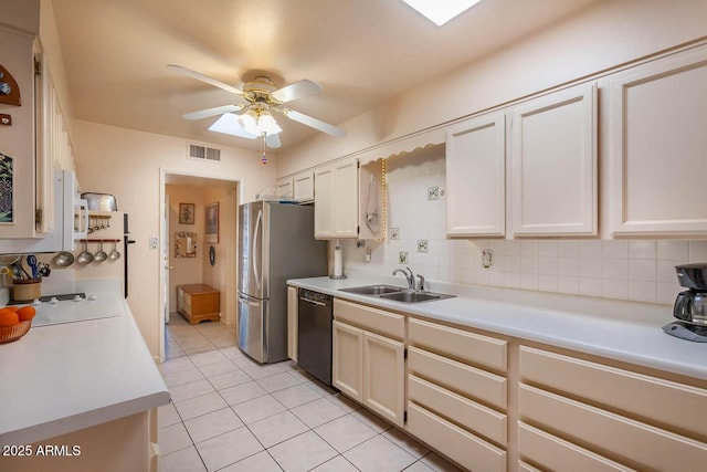 kitchen featuring tasteful backsplash, black dishwasher, sink, and ceiling fan