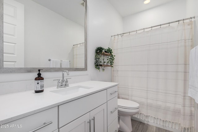 bathroom with vanity, wood-type flooring, and toilet