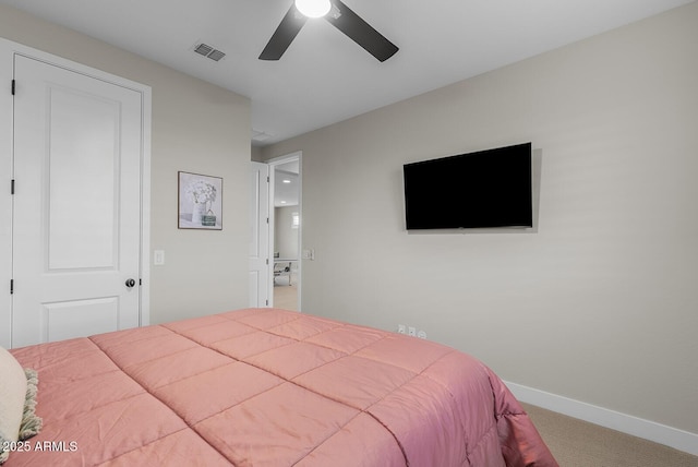 bedroom featuring visible vents, carpet flooring, a ceiling fan, and baseboards