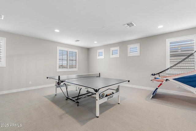 rec room featuring recessed lighting, visible vents, light colored carpet, and baseboards