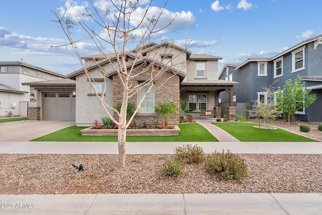 view of front of property with a garage, stone siding, concrete driveway, and stucco siding