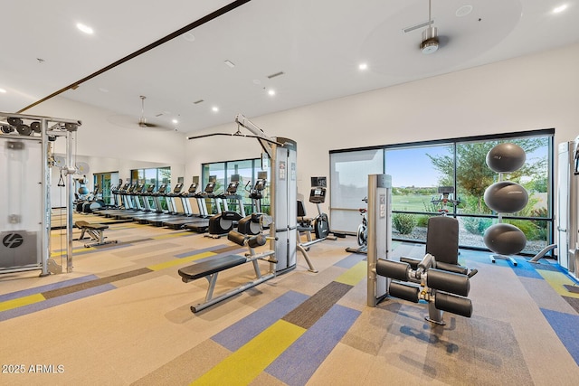 exercise room featuring recessed lighting, visible vents, and carpet floors