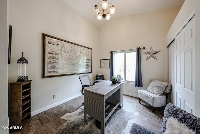 9085 E Windrose Dr, Scottsdale, AZ 85260 - office area with a chandelier, wood finished floors, and high vaulted ceiling