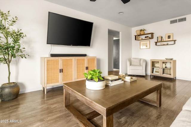 2418 E Hermosa Dr, Tempe, AZ 85282 - living room featuring wood finished floors, ceiling fan, and baseboards
