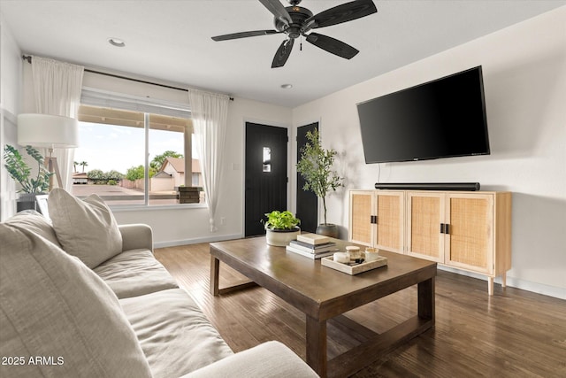 2418 E Hermosa Dr, Tempe, AZ 85282 - living room with wood finished floors, baseboards, ceiling fan, and recessed lighting