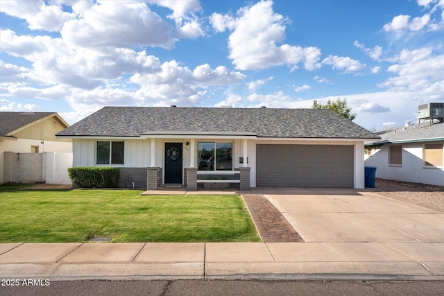 2418 E Hermosa Dr, Tempe, AZ 85282 - ranch-style home featuring an attached garage, brick siding, driveway, cooling unit, and roof with shingles