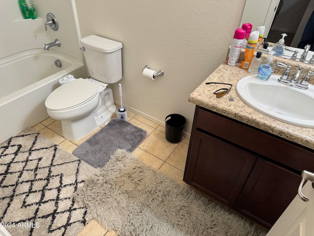 full bathroom featuring toilet, tile flooring, vanity, and  shower combination