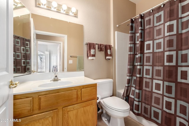 full bathroom featuring shower / bath combination with curtain, toilet, and vanity