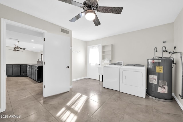 clothes washing area with ceiling fan, separate washer and dryer, electric water heater, and sink