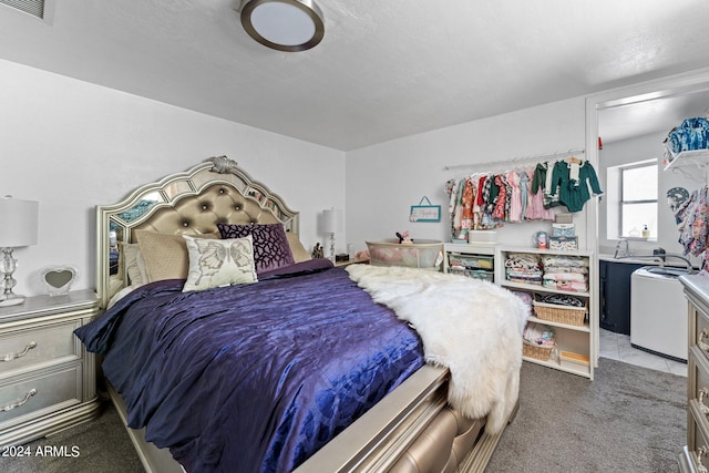 bedroom with dark carpet