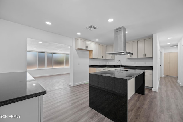 kitchen featuring wood-type flooring, sink, white cabinetry, and island exhaust hood