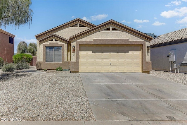 ranch-style home featuring a garage, stucco siding, and driveway