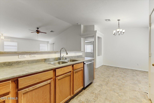 kitchen with visible vents, pendant lighting, stainless steel dishwasher, a sink, and ceiling fan with notable chandelier