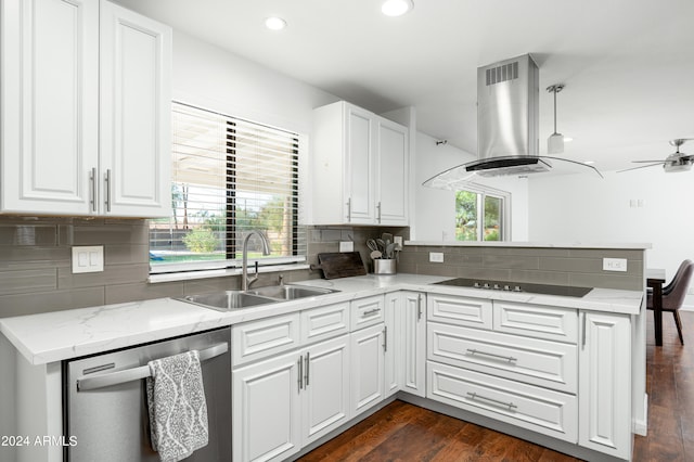 kitchen with dark wood-type flooring, dishwasher, a wealth of natural light, and island exhaust hood