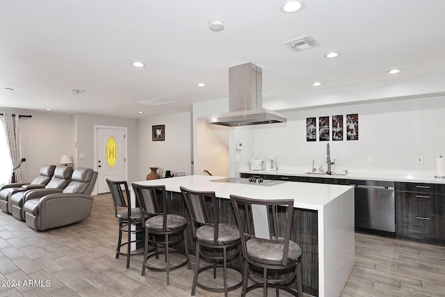 kitchen with island exhaust hood, dishwasher, a spacious island, and sink