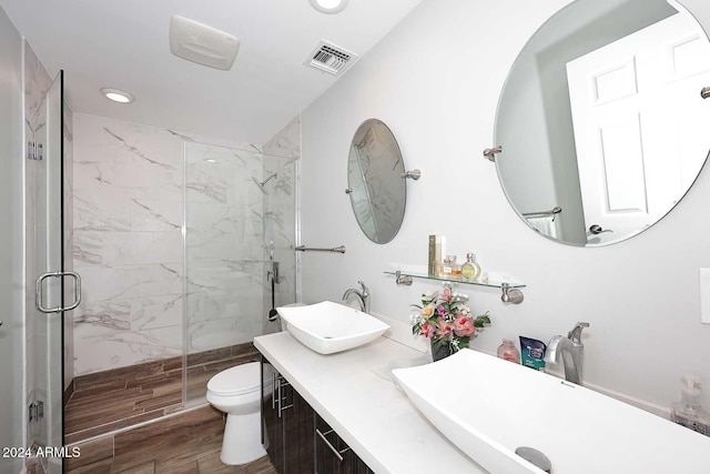 bathroom featuring vanity, toilet, and a shower with door