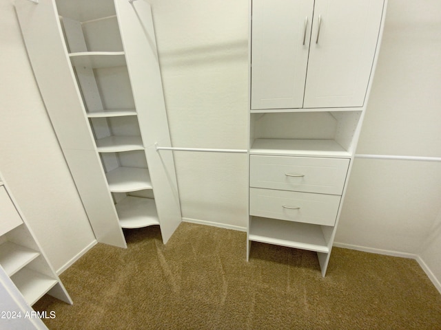 walk in closet featuring dark colored carpet