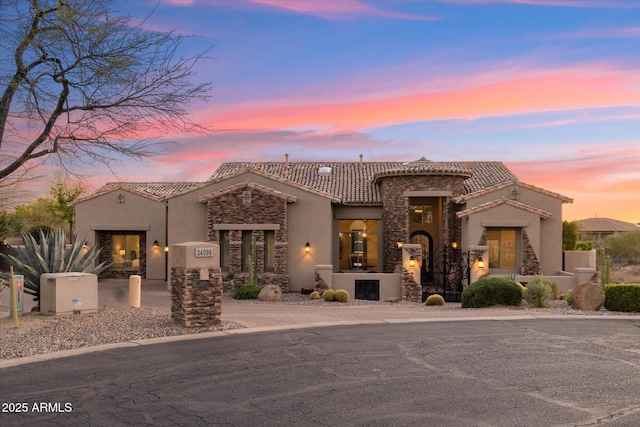 34096 N 87th Way, Scottsdale, AZ 85266 - view of front facade with a tile roof, stone siding, and stucco siding