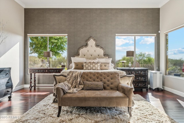 34096 N 87th Way, Scottsdale, AZ 85266 - bedroom with a towering ceiling, hardwood / wood-style flooring, ornamental molding, and baseboards